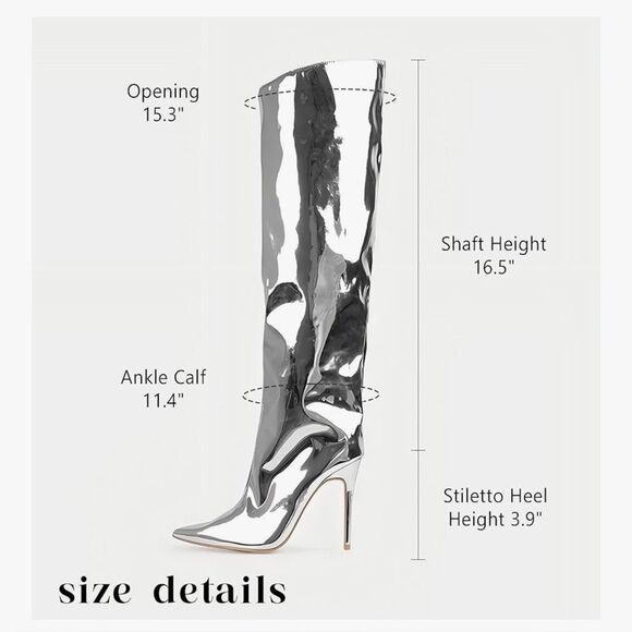 Arqa Knee Silver Metallic High Boots Women Wide Calf Stiletto Heel Zipper 8.5 39 - Picture 7 of 13